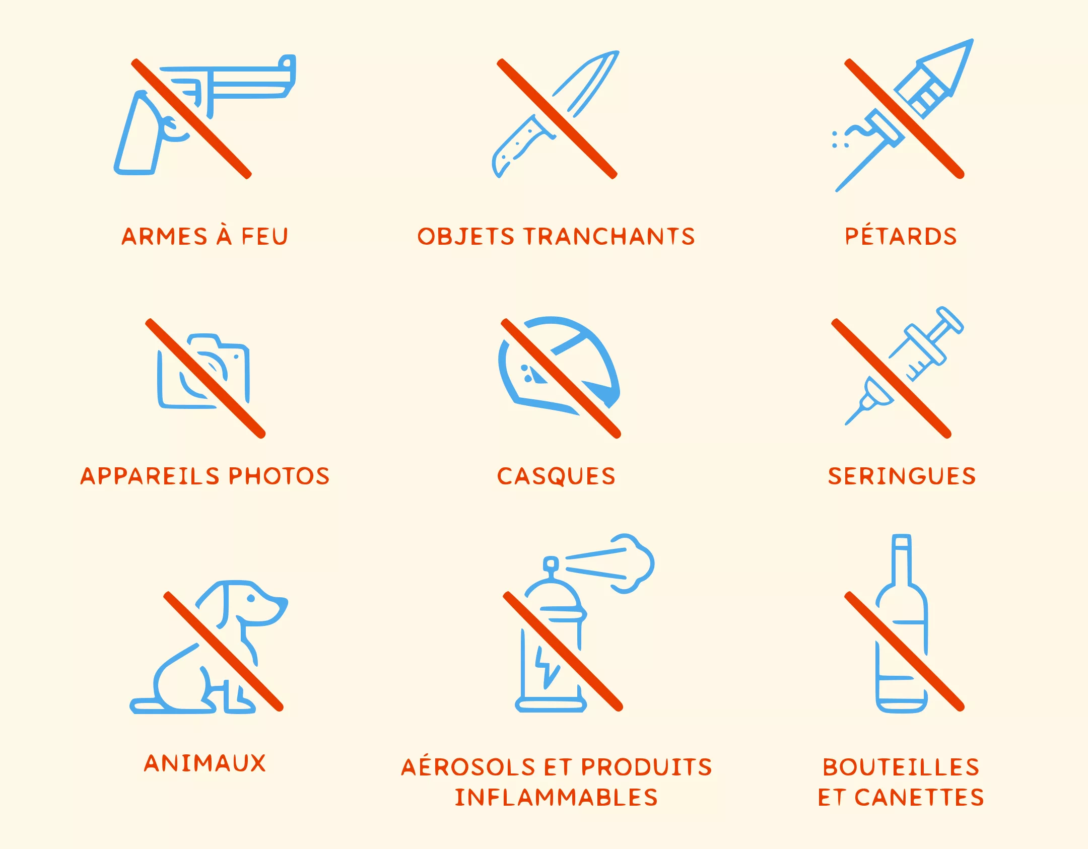 Objets interdits au festival Les Escales 2026 : armes à feu, objets tranchants, pétards, appareils photos, casques, seringues, animaux, aérosols et produits inflammables, bouteilles et canettes